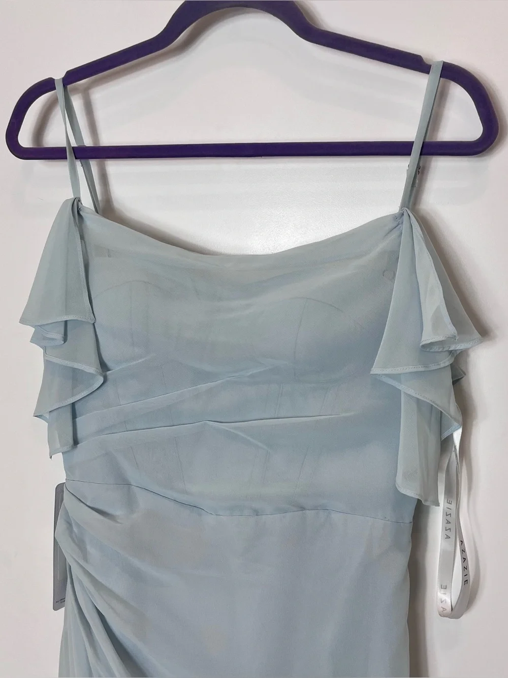 Azazie Jasmine Mist Sheath Side Slit Chiffon Blue Spaghetti Strap Maxi Dress NWT - Picture 3 of 9